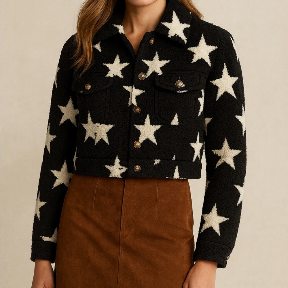 Altar'd State Black and White Star Teddy Jacket